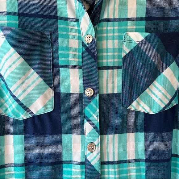 Ardene Plaid Sleeveless Button-Up Tank Top Small Crisscross Back Blue Green Soft - Picture 5 of 11